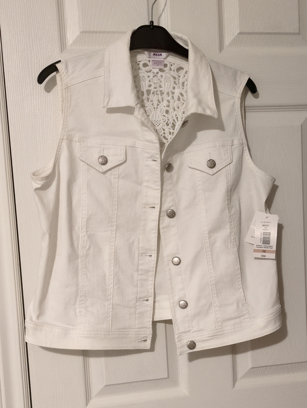 Alia White Sleeveless Denim Vest with Lace Back Panel